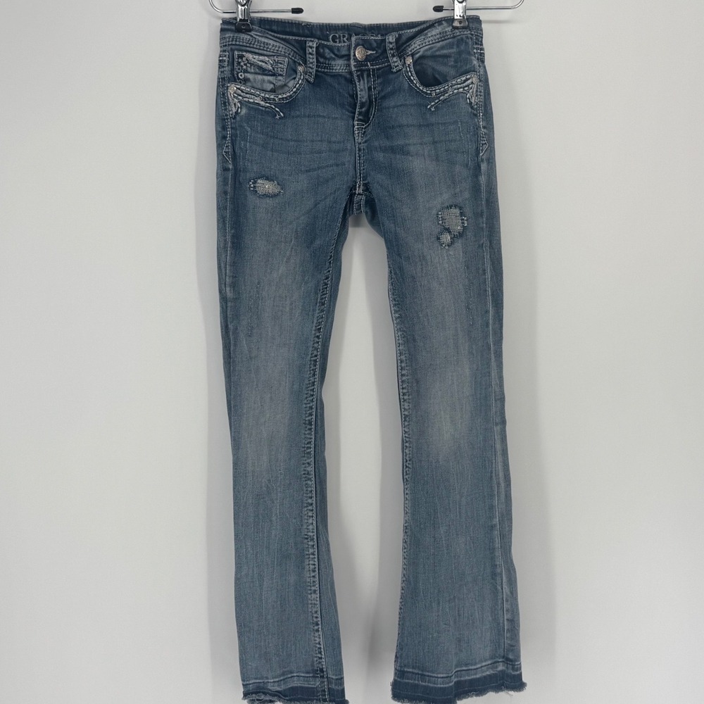 Grace in LA Girls Bootcut Jeans Size 12 Blue Embellished Rhinestone Distressed